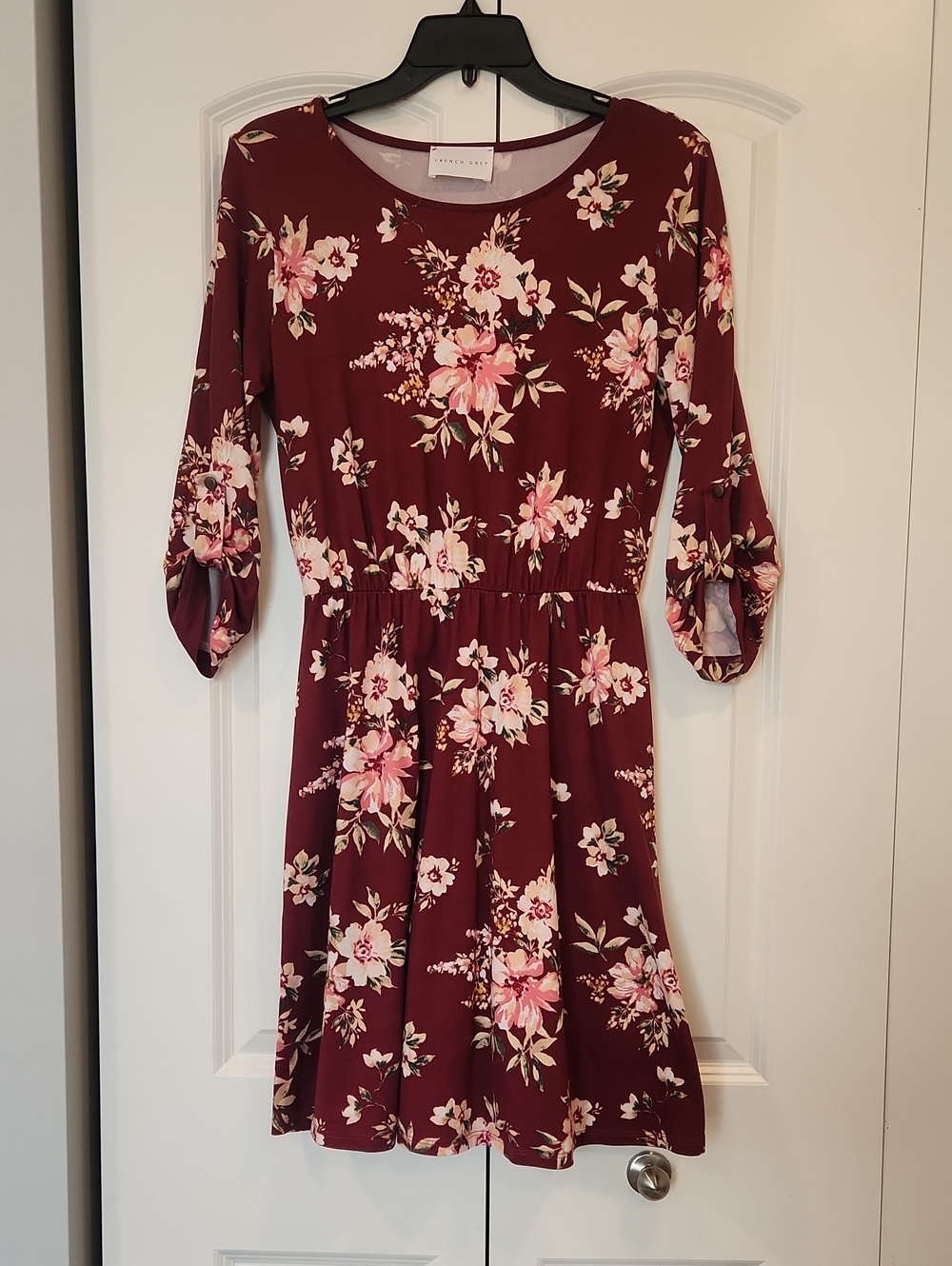French Grey Burgundy Floral Midi Dress
